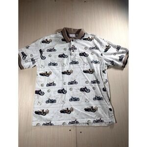 American Summer Clothing Co. Polo Shirt Men's Large Ivory Motorcycle Print Logo‎